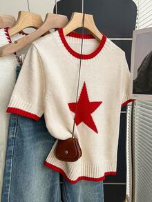 SHEIN Franclia Casual Loose Round Neck Short Sleeve Knit Star Jacquard Contrast Trim Design Apricot Women's Spring/Summer Knit Top - Apricot - View 3