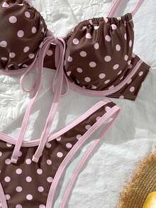 Swim Mod Bộ bikini 2 mảnh mùa hè dành cho nữ, in họa tiết chấm bi, có gọng, thắt nơ kiểu yếm và quần bikini viền bèo nhún, thích hợp cho kỳ nghỉ biển. - Nhiều màu - Xem 4