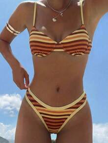 Swim Mod Women's 2 Pieces Ribbed Ribbed Print Underwire Bikini Top And Bottoms Swimsuit Set, Summer - Multicolor - View 1