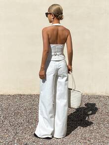 DAZY Bộ đồ denim nữ gồm áo yếm hở lưng và quần ống rộng thoải mái, thích hợp cho kỳ nghỉ hè. - trắng - Xem 3