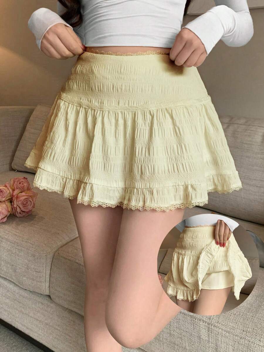 K-Vae Chân váy mini chữ A viền ren mới, thích hợp cho mùa xuân/hè. - Màu vàng - Xem 1
