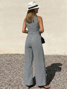 DAZY Bộ jumpsuit denim nữ không tay, dây đeo có thể điều chỉnh, dáng rộng, ống thẳng, phong cách thường ngày. - Xanh và trắng - Xem 4