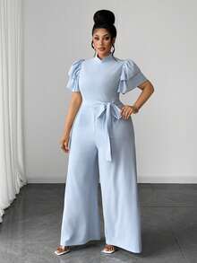 Maweii Plus Size Elegant High Neck High Waist Wide Leg Jumpsuit - Blue - View 4