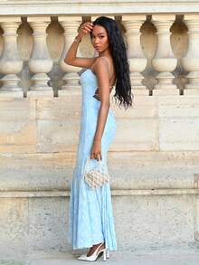 Mima John Ladies' Spring/Summer Holiday & Wedding Season Solid Color Cross Back Lace Trim Mermaid Dress Party - Baby Blue - View 5