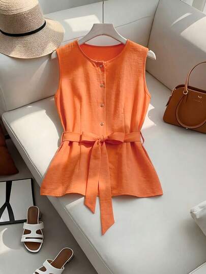 Franclia Camiseta de mujer de unicolor y elegante con cuello redondo