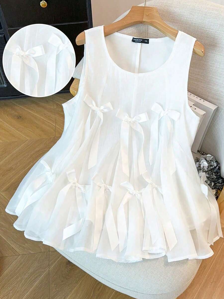 GlowEve CURVE Một chiếc áo vest lưới thắt nơ trẻ trung, tạo nên bầu không khí năng động, kết hợp với áo không tay xếp nếp. - trắng - Xem 1
