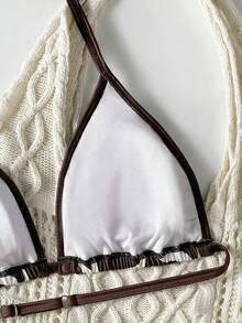 SHEIN Bộ bikini hai dây màu nâu in họa tiết hình học dành cho thiếu nữ, chất liệu vải dệt kim co giãn, ngọt ngào và dễ thương, thoải mái và thân thiện với da, thích hợp cho mùa hè đi biển, khu nghỉ dưỡng, hồ bơi, thời trang thường ngày, dễ thương cho bơi lội, kỳ nghỉ hè, bãi biển, hồ bơi, tiệc tùng, trang phục mùa hè, đồ bơi cho bé gái, đồ bơi in họa tiết, đồ bơi đi biển. - màu nâu - Xem 4