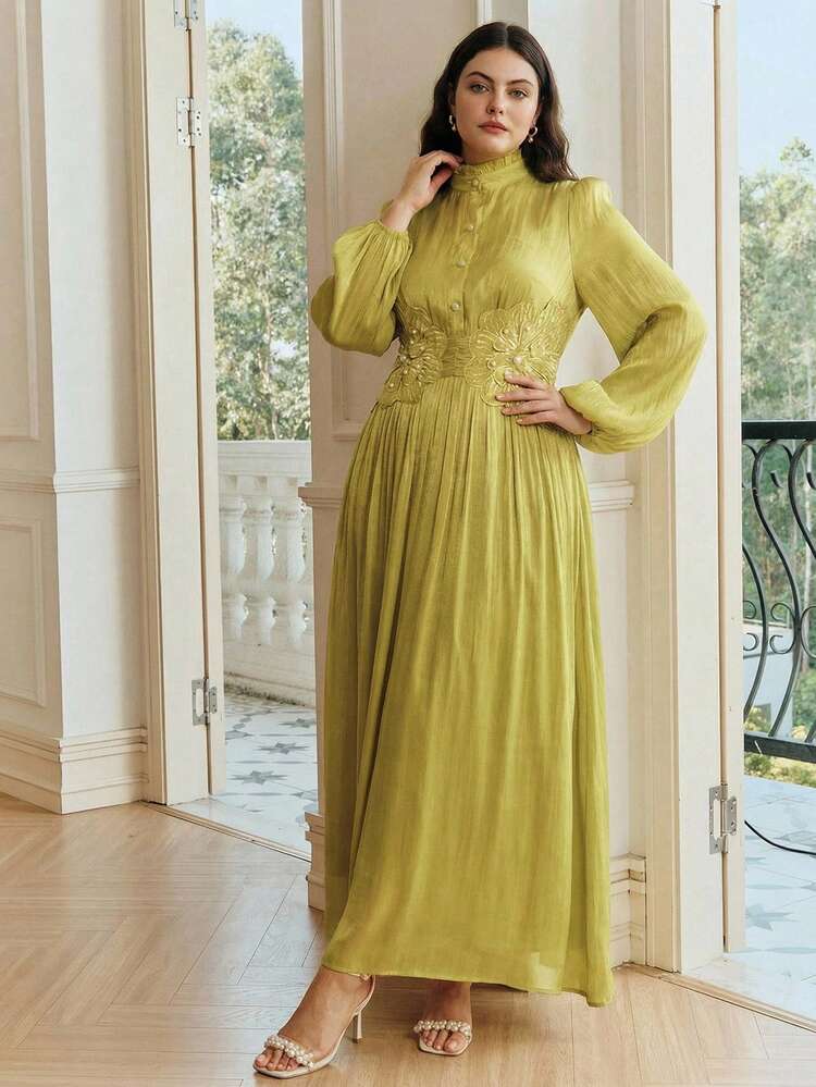 Plus Size Women's Elegant Green Mandarin Collar Half-Open Front Long Sleeve A-Line Maxi Dress, Waist Floral Decor, Suitable For Banquet, Valentine's Day, Wedding