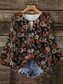 EMERY ROSE Áo nữ cỡ lớn tay dài cổ tròn in họa tiết hoa lá, kiểu dáng thường ngày, thích hợp mặc mùa thu, dự lễ hội nhạc đồng quê, áo nữ mùa xuân/thu, trang phục ngoài trời, hàng mới về năm 2026. - Nhiều màu - Xem 1