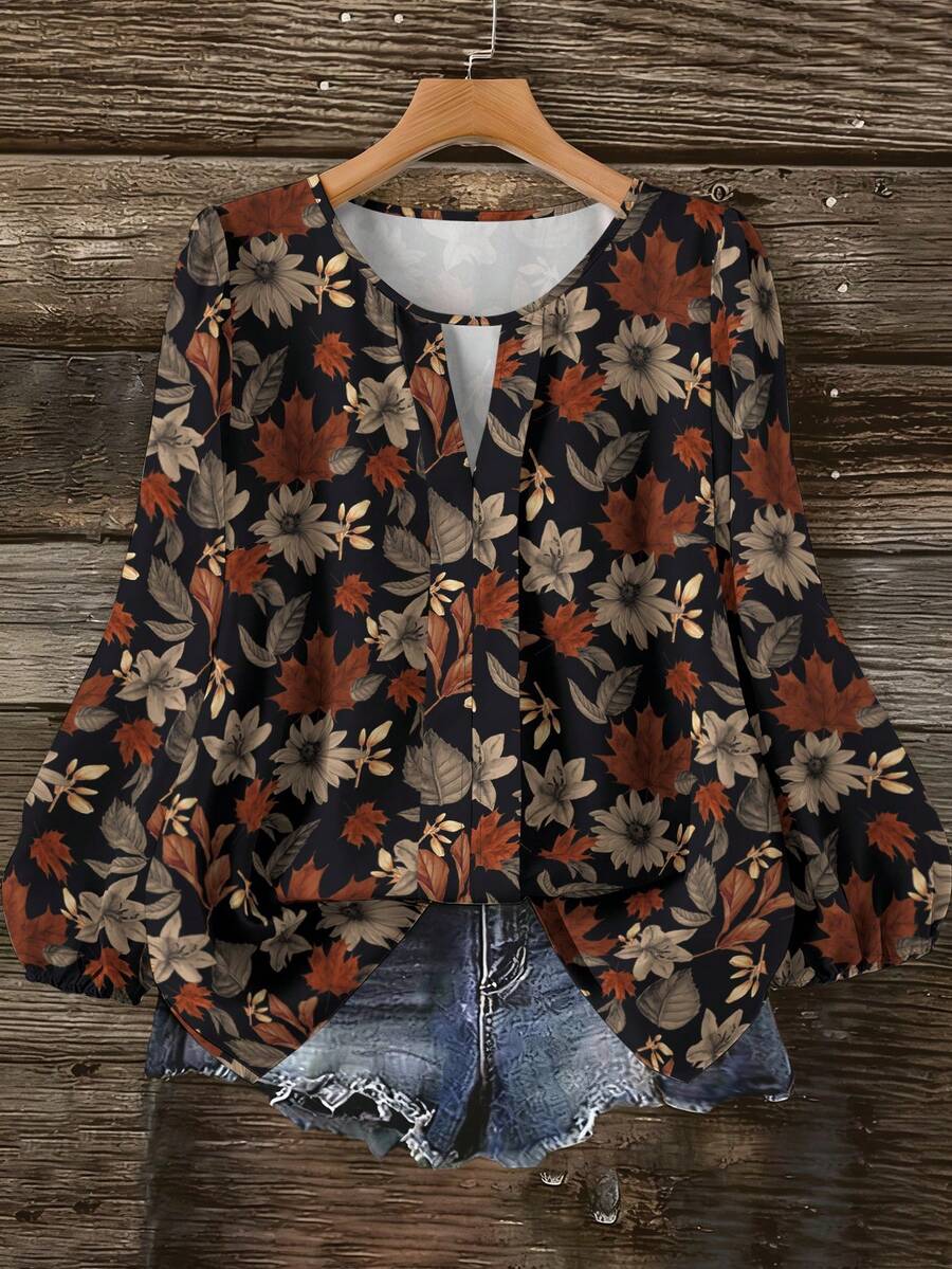 EMERY ROSE Áo nữ cỡ lớn tay dài cổ tròn in họa tiết hoa lá, kiểu dáng thường ngày, thích hợp mặc mùa thu, dự lễ hội nhạc đồng quê, áo nữ mùa xuân/thu, trang phục ngoài trời, hàng mới về năm 2026. - Nhiều màu - Xem 1