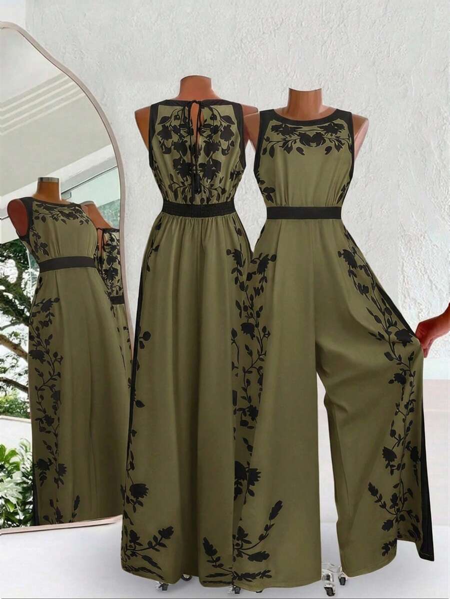 Ellevyn Bộ jumpsuit nữ thanh lịch hở lưng, dáng rộng, in họa tiết phối màu, thích hợp cho kỳ nghỉ. - xanh quân đội - Xem 1