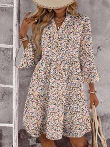 EMERY ROSE Lässiges, simples, kurzes Damenrock mit V-Ausschnitt, Dreiviertelarm, retrofloral Muster, geeignet für Herbst und Winter, schickes Kleid, Damensommerkleid, Frühlingsoutfit für Damen, Sommerkleid mit Ärmeln, Sommerkleid für Damen, florales Damenkasualkleid, Damenkleid mit Blumenmuster, Frühlingsblumen-Minikleid - Verschiedenfarbig - Übersicht 5