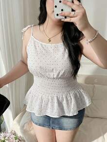 CovetEZ 大码女式波点褶皱百搭日常吊带背心 - 黑與白 - 查看 7