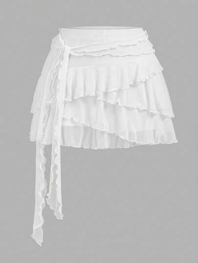 Girlism Teen Girls White/Multi-Layer Ruffle Trim Low Rise Y2K Mini Black Skirt/Cute,Comfy/Boho,Fold Waistband,Stacked,Street Wear