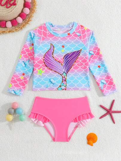 SHEIN Conjunto de bikini de tirantes para niñas y niñas pequeñas para primavera/verano, traje de baño de cuello redondo de manga larga, shorts de baño lisos de color lila claro, estampado floral ditsy con volantes en estilo Rococo pastel