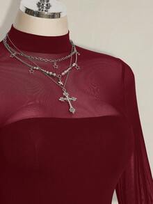 SHEIN ICON Mono de malla con parches sexy de talla grande Y2K - Burdeos - Ver 5