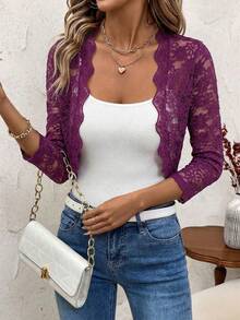 SHEIN Clasi 女士花卉蕾丝七分袖开襟短款轻薄外套，秋冬季款 - 紫色 - 查看 5