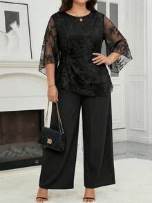 Reflora Conjunto de 2 piezas de talla grande elegante para ir al trabajo con top de encaje y pantalones de unicolor - Negro - Ver 2