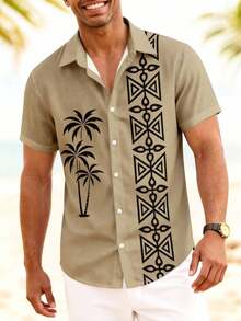 Manfinity RSRT 男士休闲椰树印花单排扣短袖衬衫，度假百搭 - 彩色 - 查看 5