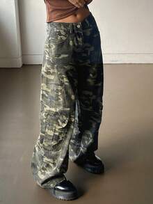 DAZY Pantaloni cargo larghi in stile casual da donna con lavaggio mimetico e tasche grandi, jeans in stile di strada Y2K - Verde militare - Visualizzare 6