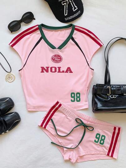 Comfortcana 2026 New Arrival Spring/Summer Women's Casual Printed V-Neck T-Shirt & Shorts 2-Piece Set Festival Outfits For Women Beach Outfit For Women Vacation Outfits Women Women's Sportswear Y2k Graphic  Pink Outfit