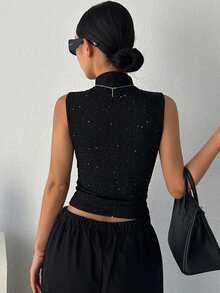 DAZY Women's Turtleneck Slim Fit Sequin Camisole - Black - View 3