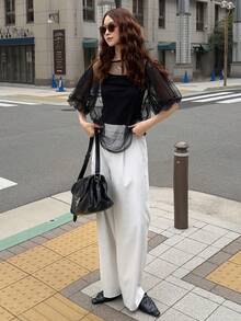 FRIFUL Áo thun nữ màu nâu trơn cổ tròn tay cánh hoa chất liệu lưới xuyên thấu dáng rộng thoải mái, thích hợp mặc ngoài. - màu đen - Xem 2