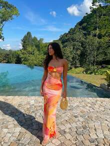 Aloruh Women's New Elegant Romantic Printed Dress/Beach Holiday Dress/Summer Dress/Sexy Hollow Out Dress Hawaii Dresses Sunset Dresses Long Dress Vacation Tequila Sunrise Dress Hawaii Outfits Women - Multicolor - View 2