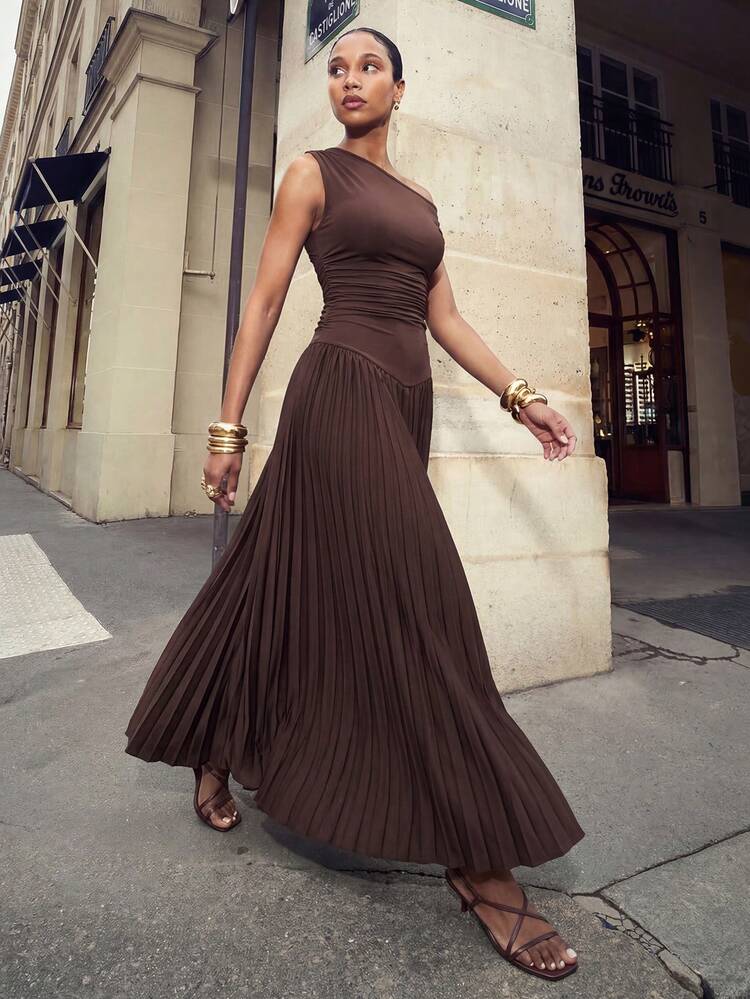 brunch prom dress Zivah Elegant Dark Brown Summer Date Night Asymmetric One Shoulder Patchwork Pleated Hem Long Knit For Ladies Wedding Guest Boho Gown Inspire Chic Women's A-Line Rust Red Fabric:Mesh