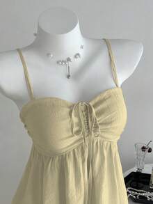Franclia Petite Women's Cute Solid Color Pleated Fabric Pink Camisole Top For Summer - Khaki - View 4