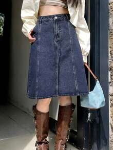 DAZY Women's Pocket Straight Loose Casual Versatile Denim Skirt - Blue - View 1