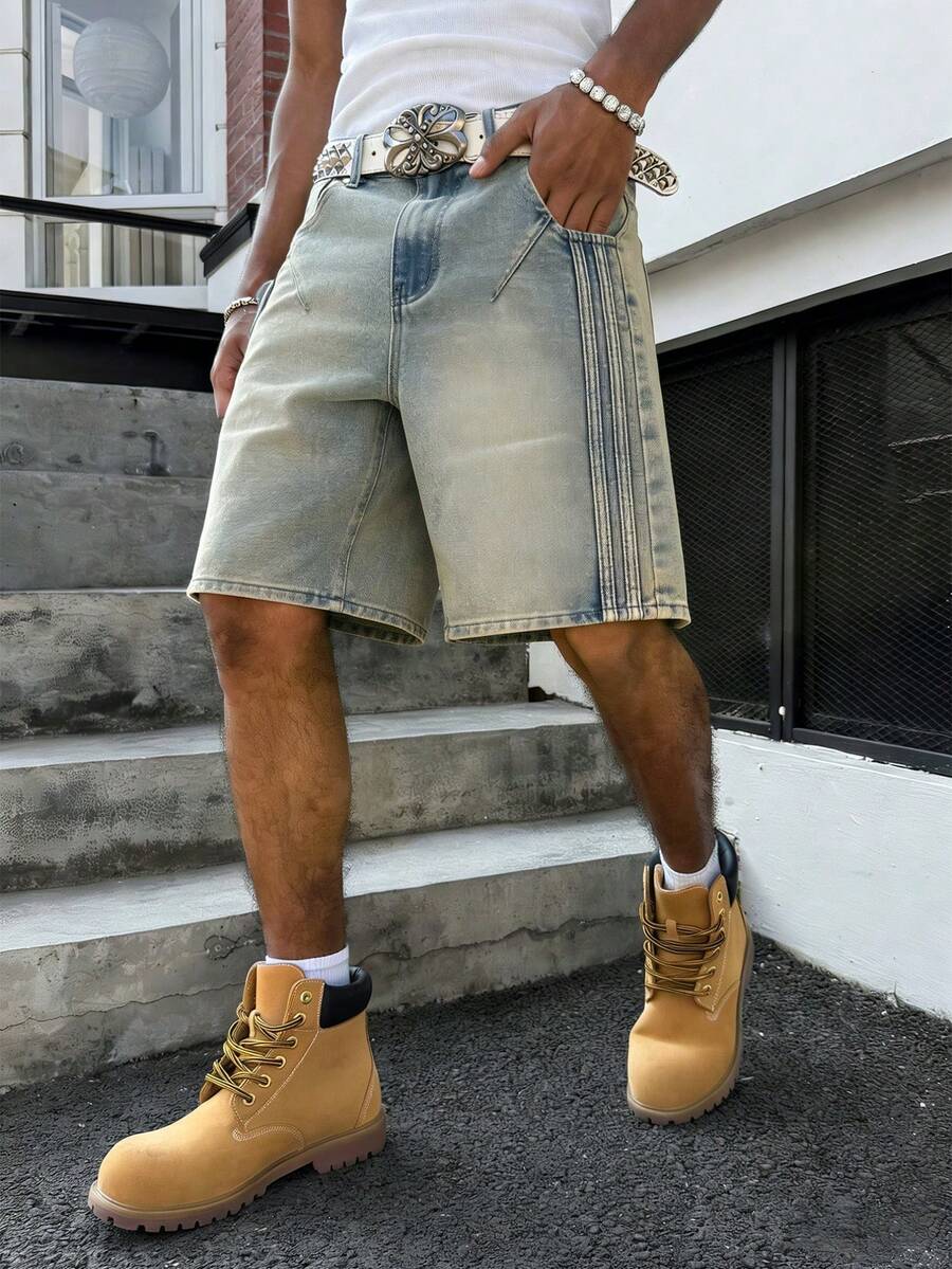 Manfinity EMRG Pantalones cortos vaqueros desgastados de estilo retro para hombres, diseño atlético de estilo callejero estadounidense de hip hop - Azul lavado medio - Ver 1