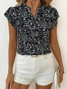 SHEIN Clasi Áo thun nữ cổ chữ V in họa tiết toàn thân, kiểu dáng thường ngày, đa năng, tay ngắn. - Đen và trắng - Xem 6