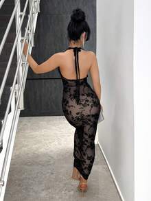 Vassilux Black Flocked Draped Neck Tie-Up Long Dress For Women, Autumn/Winter, Suitable For Christmas, Bridesmaid Dress, Wedding Season Lace Maxi Dress Long Black Dress Formal Cruise Dinner Dress Party - Black - View 2