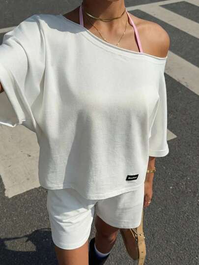 Muchica Women's 100%Cotton White Asymmetrical Shoulder Short Sleeve T-Shirt And Shorts White Knit Loungewear Set,Summer Outfits For Women,Going Out