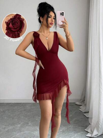 Rafferiza Nuevo vestido mini para mujer de primavera/verano, de malla con parches, de punto elástico 3D con flores, de unicolor, ajustado, con escote en V profundo, busto fruncido, cintura ceñida, abertura alta en el muslo, volante asimétrico, espalda descubierta, sexy, elegante, para fiestas, vacaciones, citas, estilo Y2K