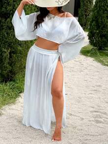 Swim Vcay 2026新款加大码女式白色直筒开衩优雅休闲度假沙滩两件套罩衫 - 白色 - 查看 6