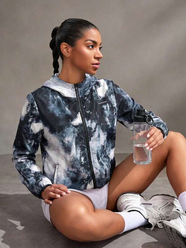 Powerista Chaqueta deportiva con capucha con cremallera y manga larga con efecto tie-dye para mujer
