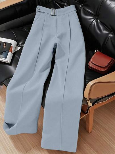 Franclia 女士简约卡其色单扣腰带装饰休闲直筒裤，线条流畅，适合工作和日常穿着。