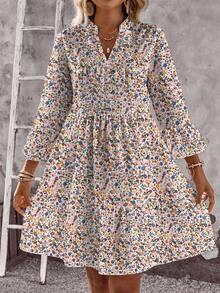 EMERY ROSE Lässiges, simples, kurzes Damenrock mit V-Ausschnitt, Dreiviertelarm, retrofloral Muster, geeignet für Herbst und Winter, schickes Kleid, Damensommerkleid, Frühlingsoutfit für Damen, Sommerkleid mit Ärmeln, Sommerkleid für Damen, florales Damenkasualkleid, Damenkleid mit Blumenmuster, Frühlingsblumen-Minikleid - Verschiedenfarbig - Übersicht 6