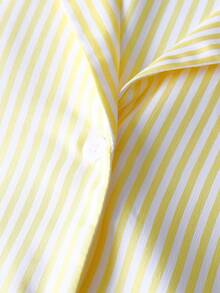 EMERY ROSE Women's Woven Plain Fabric Shirt Collar Straight Short Sleeve Shirt With Full Button Decoration, Casual Daily Wear - Yellow - View 4