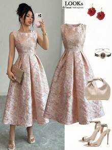 Elenzga 女士花卉提花褶皱圆领无袖优雅连衣裙 - 粉色 - 查看 1