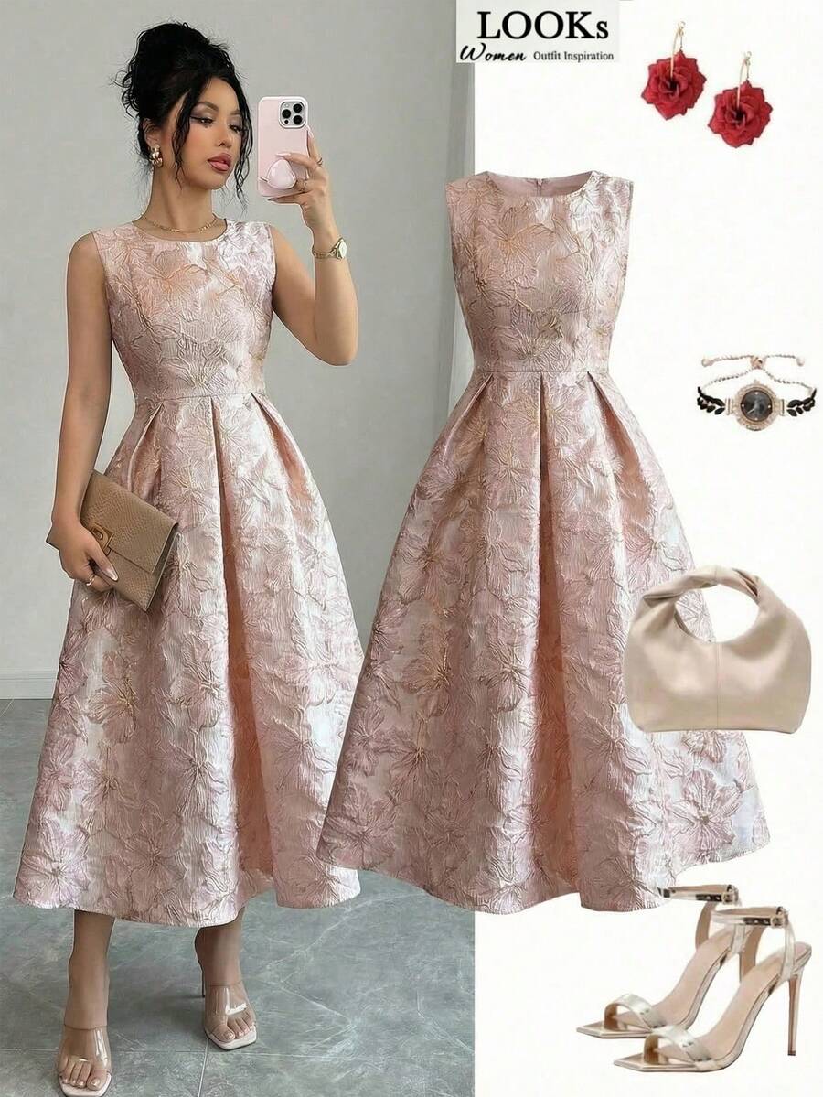 Elenzga 女士花卉提花褶皱圆领无袖优雅连衣裙 - 粉色 - 查看 1