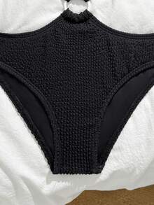 SHEIN Tween Girls One-Piece Swimsuit,Black Wave Pattern Knit Fabric One Shoulder Strap Center Ring Cut Out Monokini,Casual Summer Beach Vacation Holiday - Black - View 5