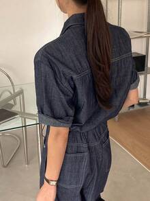 Bộ đồ nữ gồm áo sơ mi cổ bẻ và quần jean ống rộng, phong cách Hàn Quốc. - Màu xanh lam - Xem 2