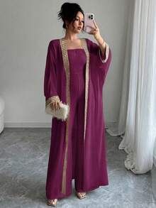 Rafferiza Women's Strapless High-End Jumpsuit With Extra Long Gold Lace Patchwork Chiffon Shawl 2 Pieces Set - Burgundy - View 4