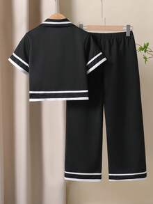 Tween Girl Striped Lapel NeckDouble-Breasted Short Sleeve Shirt And Pants Casual Outfit - Black - View 2
