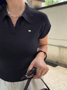 Jeta Ari Women's Solid Fitted Knit Polo Collar Blouse, Commute Casual Spring/Summer - Navy Blue - View 3