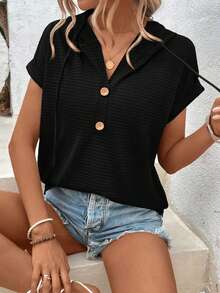 EMERY ROSE Plus Size Women's Solid Color Batwing Sleeve Button Design Drawstring Hooded T-Shirt - Black - View 4