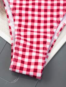 Swim Mod Women's Summer Beach Vacation Style Orange Embroidery Plaid Print Twist Front Halter Bikini Top - Pink - View 4